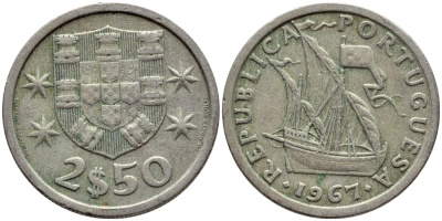 ПОРТУГАЛИЯ 2,5 ЭСКУДО 1967 KM 590 медно-никель 4396-138