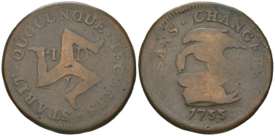 Остров Мэн 1 пенни 1733 Джеймс Стэнли KM 5 медь 95-756