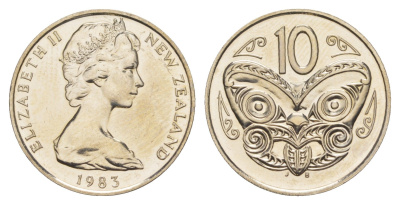 Новая Зеландия 10 центов 1983 Елизавета II (1952-2022), маска маори, тираж 25.000 экземпляров KM 41 медно-никель BU 4652-646
