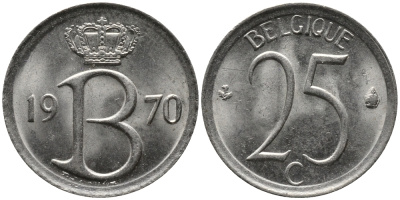 Бельгия 25 сантимов 1970 Belgique, Бодуэн I (1951-1993) KM 153.1 медно-никель 99-421