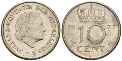 Нидерланды 10 центов 1977 Юлиана (1949-1980) KM 182 никель    4598-333