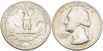 США 25 центов (квотер) 1967 Вашингтон KM 164a медь плакированная медно-никелем 4402-325