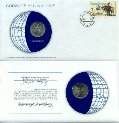 Чехословакия 2 кроны 1974 конверт с маркой первого дня гашения, Coins of Nations KM 75 медно-никель UNC 4294-49-2