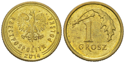 Польша 1 грош 2014 KM 923 сталь плакированная латунью aUNC 4567-856
