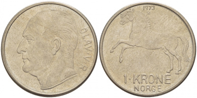 НОРВЕГИЯ 1 КРОНА 1973 ЛОШАДЬ KM 409 медно-никель 3851-1256