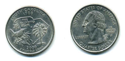 США 25 центов = квотер 2000 P, серия штаты США, Южная Каролина KM 307 медь плакированная медно-никелем 46-1435