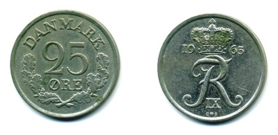 ДАНИЯ 25 ЭРЕ 1965 KM 850 медно-никель 04-923