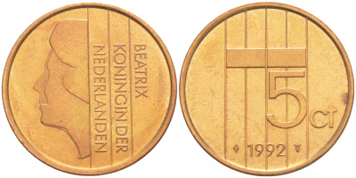 Нидерланды 5 центов 1992 Беатрикс (1980-2013) КМ 202 бронза 4547-815