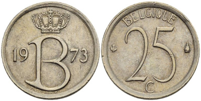 БЕЛЬГИЯ 25 САНТИМОВ 1973 BELGIQUE KM 153.1 медно-никель 4528-1026