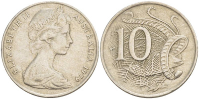 Австралия 10 центов 1979 Елизавета II (1952-), птица лирахвост KM 65 медно-никель 4544-215