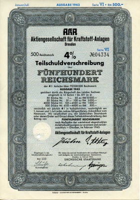 Германия 500 рейхсмарок 1943 АО топливных заводов, Дрезден, также известное как AKA, 4%частичное обязательство, серия XIV, облигация   бумага   8802-49-1