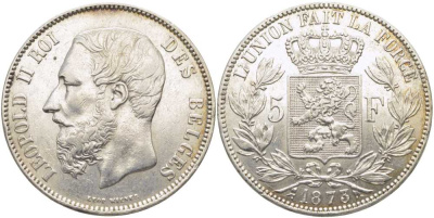 Бельгия 5 франков 1873 Леопольд II (1865-1909), позиция А KM 24 серебро 5010-925