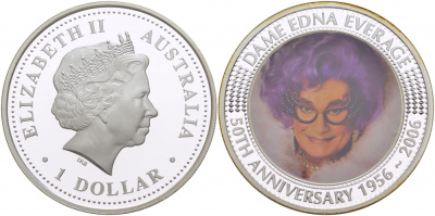 Австралия 1 доллар 2006 Дама Эдна Эвередж (1956-2006), цветная эмаль KM 849 серебро PROOF 11-176-22