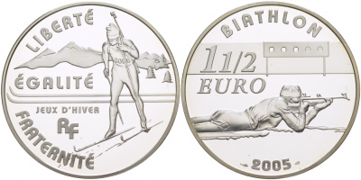 Франция 1 1/2 евро 2005 биатлон KM 1423 серебро PROOF 11-101-22