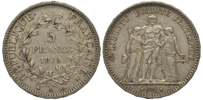 Франция 5 франков 1875 А, Геракл с богинями равенства и братства KM 820.1 серебро    1530-1022