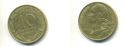 ФРАНЦИЯ 10 САНТИМОВ 1988 ТИП MARIANNE KM 929 медь алюминий никель 176-1047