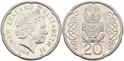 Новая Зеландия 20 центов 2006 Елизавета II (1952-2022), идол Пукаки KM 118а никелированная сталь 4579-1122