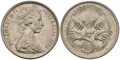 Австралия 5 центов 1982 Елизавета II (1953-), молодой портрерт, ехидна KM 64 медно-никель 4156-337
