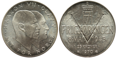 Норвегия 25 крон 1970 25 лет освобождения от фашизма KM 414 серебро UNC 1530-1442