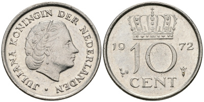 Нидерланды 10 центов 1972 Юлиана (1948-1980) KM 182 никель 96-448