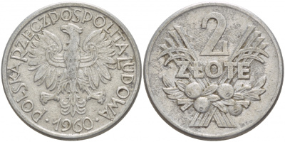 Польша 2 злотых 1960 MW KM 46, Parchimowicz 216c алюминий 4545-335
