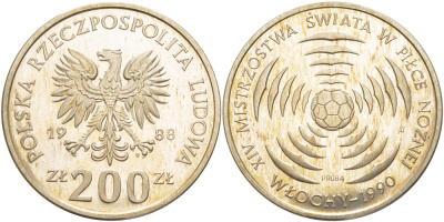 Польша 200 злотых 1988 MW, XIV чемпионат мира по футболу в Италии 1990 года, мяч, PROBA, тираж 10000 экземпляров, не магнитная KM Pr 576, Parchimowicz P.453a медно-никель UNC 1078-1-61