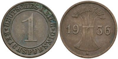Германия 1 рейхспфенниг 1936 A KM 37, J. 313 бронза 4528-838