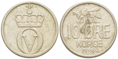 Норвегия 10 эре 1964 пчела, Улаф V (1958-1991) KM 411 медно-никель 3955-169