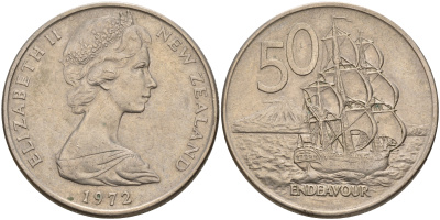 Новая Зеландия 50 центов 1972 Елизавета II (1952-2022), парусник Индевор KM 37.1 медно-никель    4599-1114