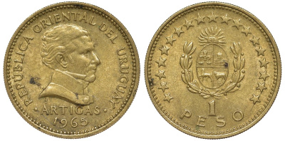 Уругвай 1 песо 1965 KM 46 алюминиевая бронза 106-1214