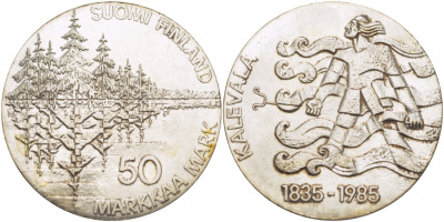 Финляндия 50 марок 1985 P-N, 150 лет национальному эпосу "Калевала" KM 62 серебро UNC 1515-1144