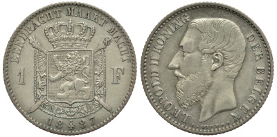 БЕЛЬГИЯ 1 ФРАНК 1887 ЛЕОПОЛЬД II (1865-1909), BELGEN, РАЗНОВИДНОСТЬ С ТОЧКОЙ В ПОДПИСИ KM 29.1 серебро 3896-933