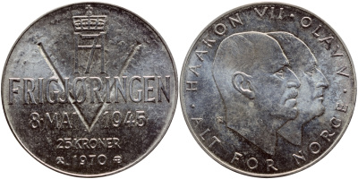 Норвегия 25 крон 1970 25 лет освобождения от фашизма KM 414 серебро UNC 633-534