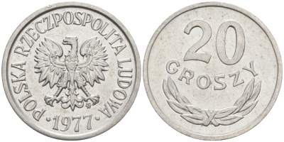 ПОЛЬША 20 ГРОШЕЙ 1977 MW KM A47 алюминий XF 188-746