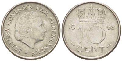 НИДЕРЛАНДЫ 10 ЦЕНТОВ 1968 ЮЛИАНА (1948-1980) KM 182 никель 214-1229