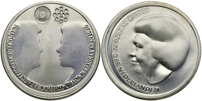 Нидерланды 10 евро 2002 королевская свадьба Виллема-Александра и принцессы Максимы KM 243 серебро UNC 650-1041