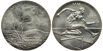 Финляндия 50 марок 1983 K-T, чемпионат мира по атлетике, бег с препятствиями KM 61 серебро 1530-1444