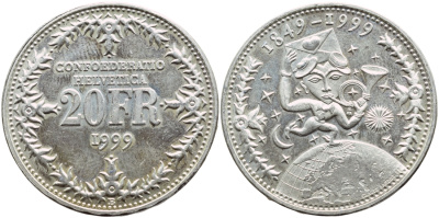 Швейцария 20 франков 1999 В, 150 лет Швейцарской почтовой службе KM 85 серебро UNC 1524-733