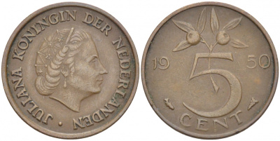 НИДЕРЛАНДЫ 5 ЦЕНТОВ 1950 ЮЛИАНА KM 181 бронза 214-764