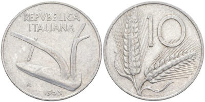 Италия 10 лир 1953 R, плуг, колосья KM 93 алюминий 4519-817