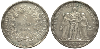 Франция 5 франков 1873 А, Геракл с богинями равенства и братства KM 820.1 серебро 1521-531