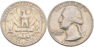 США 25 центов (квотер) 1968 Вашингтон KM 164a медь плакированная медно-никелем 80-555