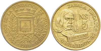 Уругвай 5 новых песо 1976 250 лет основания Монтевидео KM 70 медь алюминий  aUNC  M59-02