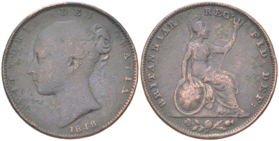 Великобритания 1 фартинг 1848 Виктория (1837-1901) KM 725, Spink 3950 медь 4613-414