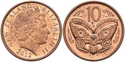 Новая Зеландия 10 центов 2012 маска Маори, Елизавета II (1952-) KM 117а сталь плакированная медью 53-426