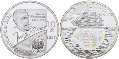 Польша 10 злотых 2007 MW, серия польские путешественники, (Джозеф Конрад), Юзеф Теодор Конрад Коженёвский, парусник, голограмма FISCHER 093 серебро PROOF 1087-7-33