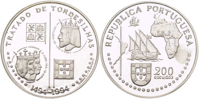 Португалия 200 эскудо 1994 Тордесильясский договор 1494 года KM 671a серебро PROOF 1080-3-13