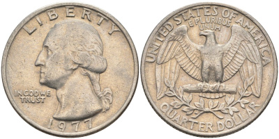 США 25 центов (квотер) 1977 Вашингтон KM A164a медь плакированная медно-никелем 4584-1051