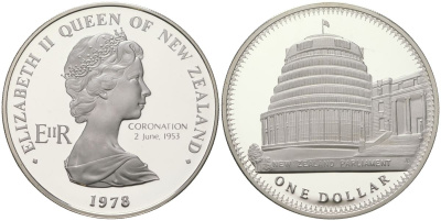 Новая Зеландия 1 доллар 1978 25 лет коронации Елизаветы II и открытие здания Парламента, Елизавета II (1952-2022) KM 47a серебро PROOF 1080-4-12