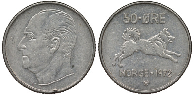 Норвегия 50 эре 1972 Улаф V (1957-1991), собака KM 408 медно-никель 4128-1136